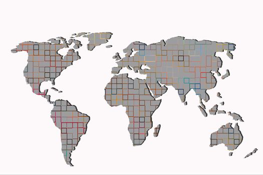 Roughly outlined world map with a colorful background patterns