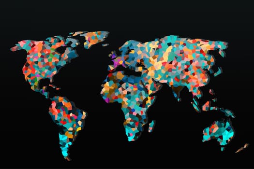 Roughly outlined world map with a colorful background patterns