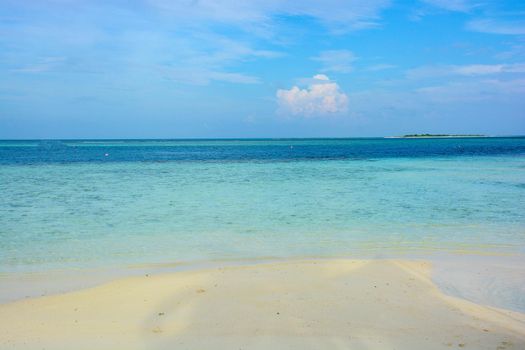 atoll of the tropics and maldives that are reflected in a sea of emerald with a cobalt blue sky