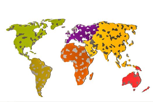 Roughly outlined world map with a colorful background patterns