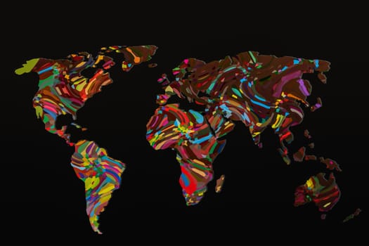 Roughly outlined world map with a colorful background patterns