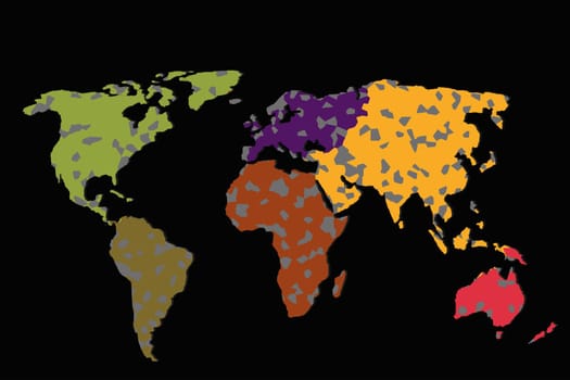 Roughly outlined world map with a colorful background patterns