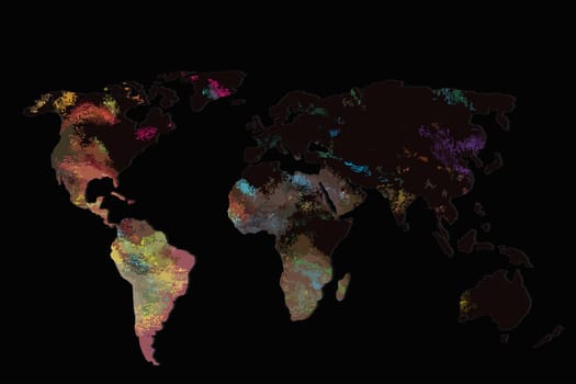 Roughly outlined world map with a colorful background patterns