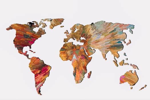 Roughly outlined world map with a colorful background patterns