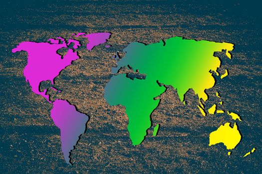 Roughly outlined world map with a colorful background patterns