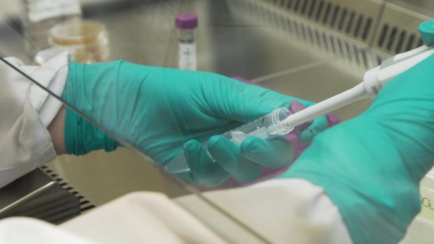 Microbiologist is conducting research and doing tests with biological samples. Scientist Scientist Uses Micropipette Filling Test Tubes in Laboratory.