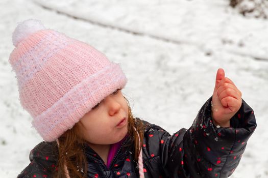 Portrait of a cute, blue-eyed, brown-haired girl wearing a pink hat and ablue coat in the snow