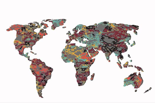 Roughly outlined world map with a colorful background patterns