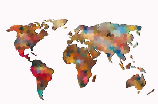 Roughly outlined world map with a colorful background patterns