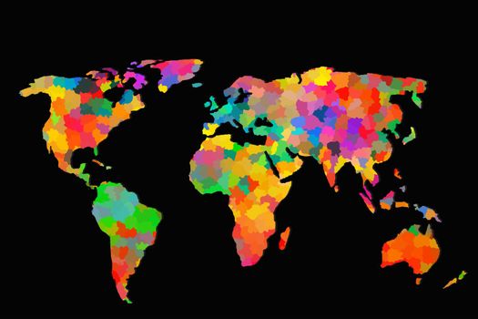 Roughly outlined world map with a colorful background patterns