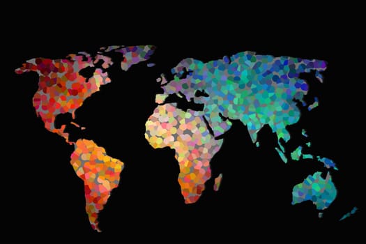 Roughly outlined world map with a colorful background patterns