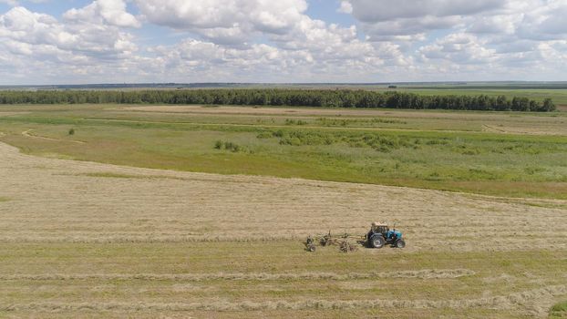 Aerial, view agricultural machinery with wheeled rake makes ranks beveled hay.Tractor which is lining up dried grass getting it ready for pickup so it can be used as animal fodder summer day.