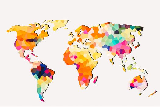 Roughly outlined world map with a colorful background patterns