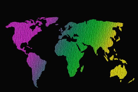 Roughly outlined world map with a colorful background patterns