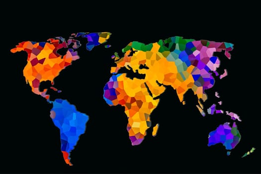 Roughly outlined world map with a colorful background patterns