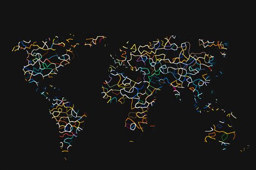 Roughly outlined world map with a colorful background patterns