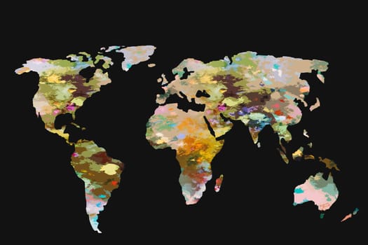 Roughly outlined world map with a colorful background patterns