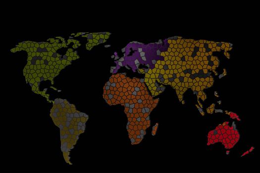 Roughly outlined world map with a colorful background patterns