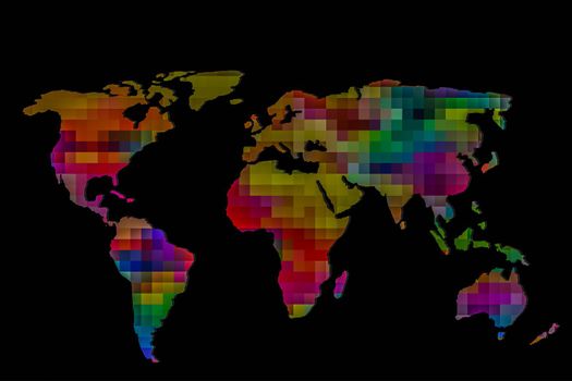 Roughly outlined world map with a colorful background patterns