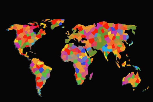 Roughly outlined world map with a colorful background patterns