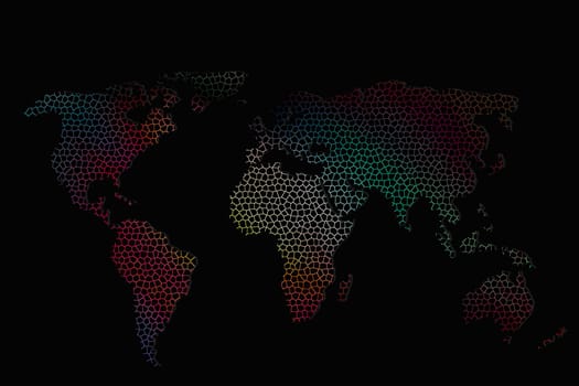 Roughly outlined world map with a colorful background patterns