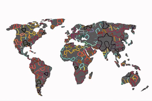 Roughly outlined world map with a colorful background patterns