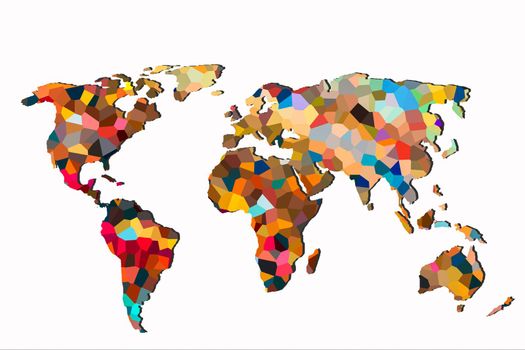 Roughly outlined world map with a colorful background patterns