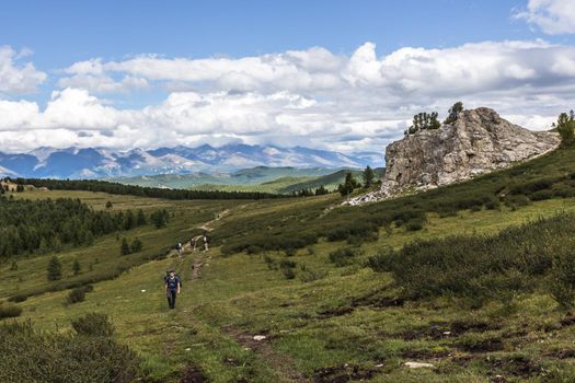 Green mountain valley and sky, travel. On the Oroy pass. Mountain Altai. Siberia. Russia.