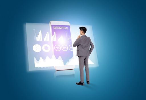 Young businessman looking phone with graph diagram report, financial and planning, digital marketing with futuristic, man looking income and profit of investment with smartphone, business concept.
