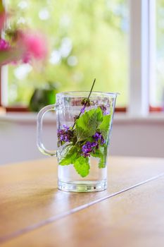 Cold jar of fresh water with delicious colorful herbs