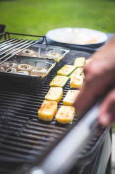 Close up of cheese and vegetables on gas grill. Summer time, outdoors.