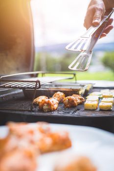 Close up of chicken wings, cheese and vegetables on gas grill. Summer time, outdoors.