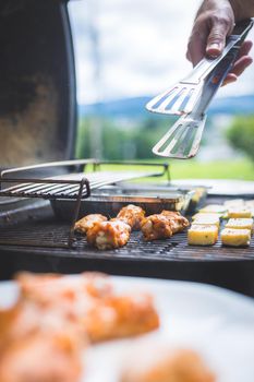 Close up of chicken wings, cheese and vegetables on gas grill. Summer time, outdoors.