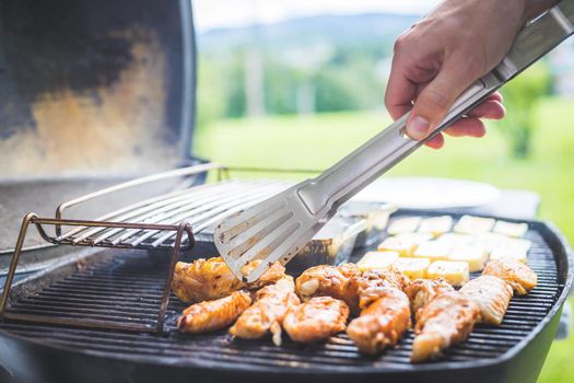 Close up of chicken wings, cheese and vegetables on gas grill. Summer time, outdoors.
