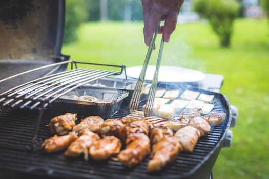 Close up of chicken wings, cheese and vegetables on gas grill. Summer time, outdoors.