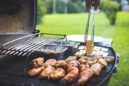 Close up of chicken wings, cheese and vegetables on gas grill. Summer time, outdoors.