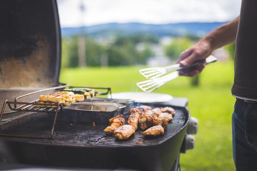 Close up of chicken wings, cheese and vegetables on gas grill. Summer time, outdoors.