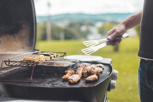 Close up of chicken wings, cheese and vegetables on gas grill. Summer time, outdoors.