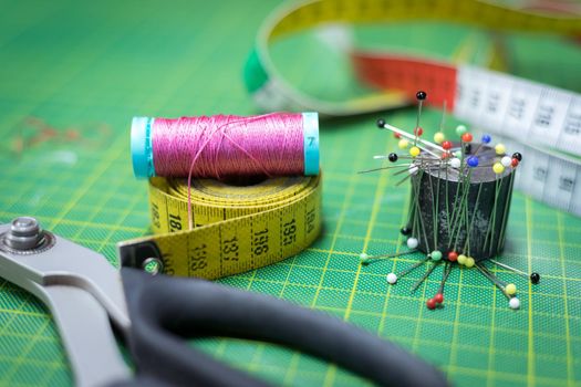 Close up of measuring tape in a textile workshop