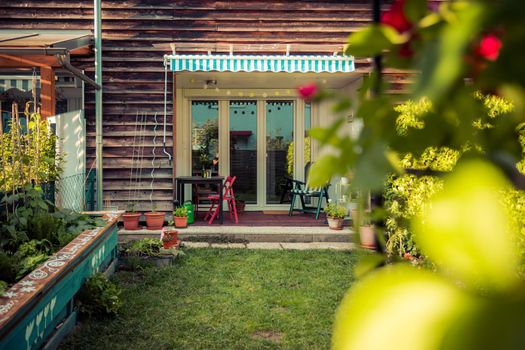 Little garden with green grass and flowers for having good times, summertime