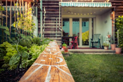 Little garden with green grass and flowers for having good times, summertime