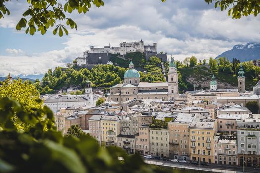Salzburg historic district in spring, green leaves and sunshine, Austria