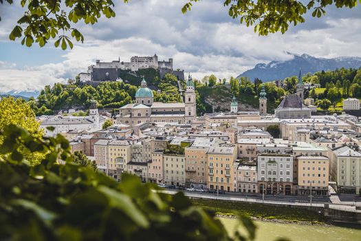 Salzburg historic district in spring, green leaves and sunshine, Austria