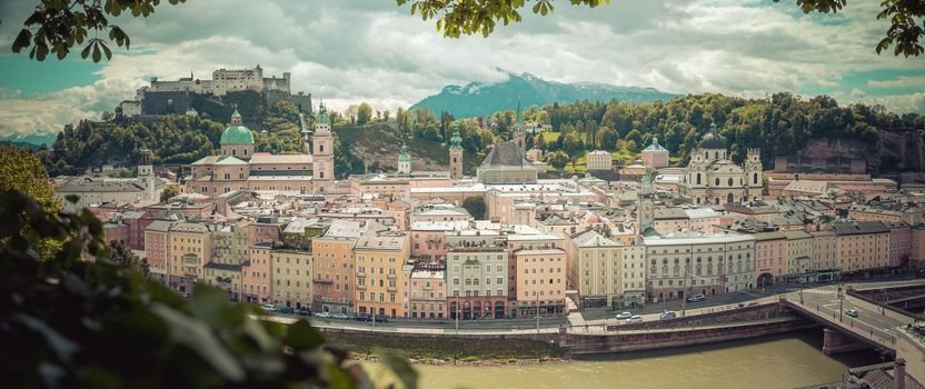 Salzburg historic district in spring, green leaves and sunshine, Austria