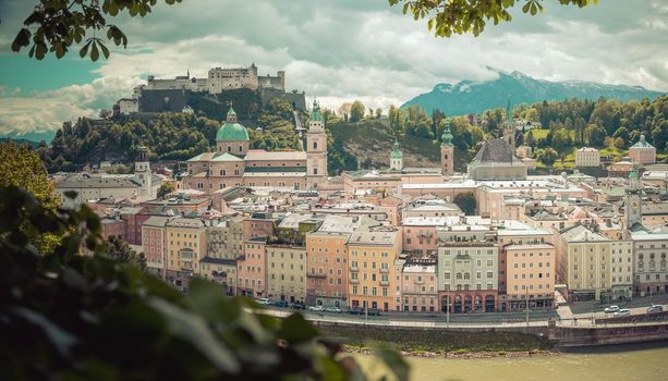 Salzburg historic district in spring, green leaves and sunshine, Austria