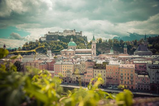 Salzburg historic district in spring, green leaves and sunshine, Austria