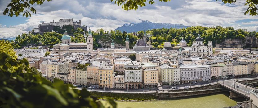 Salzburg historic district in spring, green leaves and sunshine, Austria