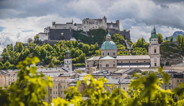 Salzburg historic district in spring, green leaves and sunshine, Austria