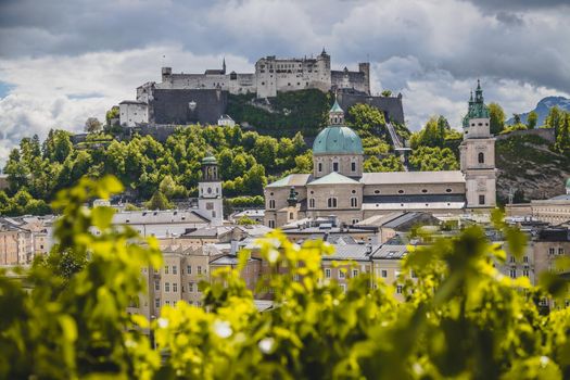 Salzburg historic district in spring, green leaves and sunshine, Austria