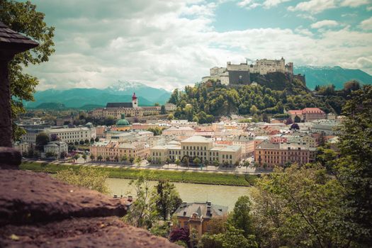 Salzburg historic district in spring, green leaves and sunshine, Austria